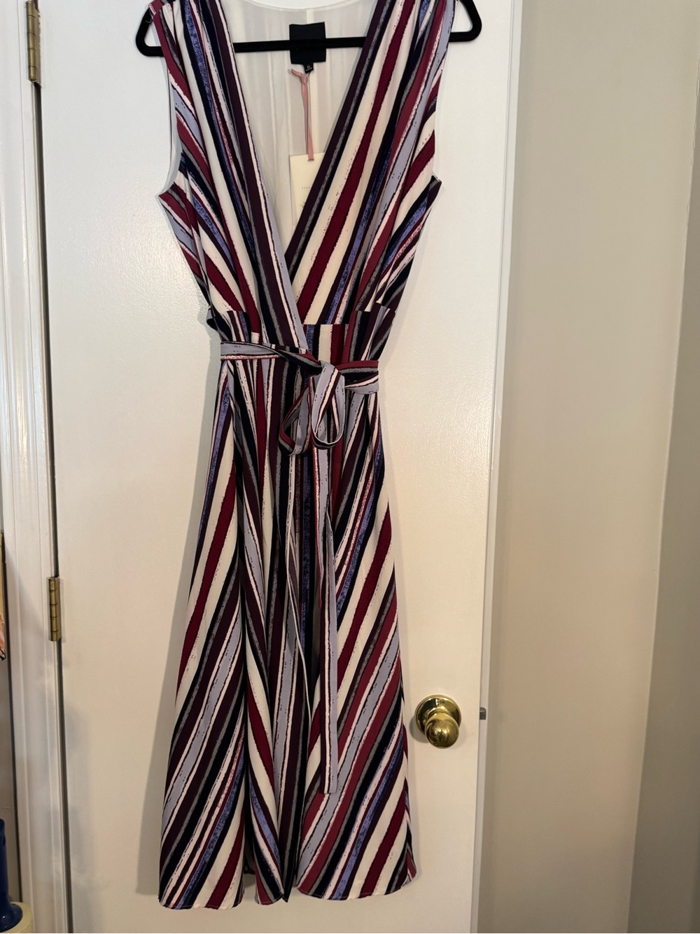Alex Marie Sleeveless Wrap Midi Dress in Burgundy, Navy & White office dressy
